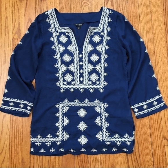 Lucky Brand Boho Embroidered Navy Blue 3/4 Long Sleeve Blouse Tunic - Picture 15 of 16